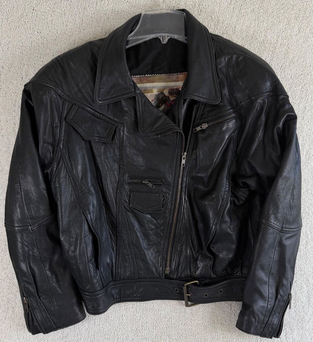 VTG 80s Foxrun Genuine Leather Bomber Motorcycle Jacket Womens M Sportbike Print